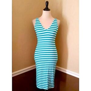 Modcloth Coco Love Teal & White Striped Stretch Knit Sleeveless Midi Dress S